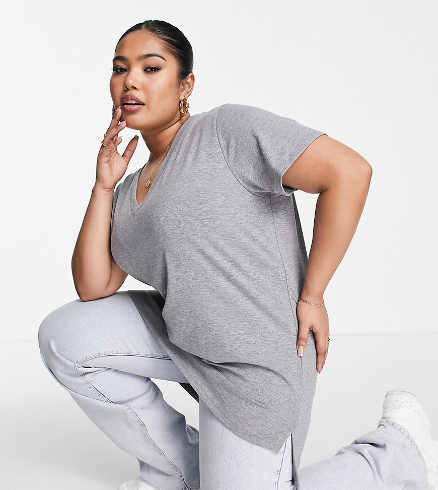 ASOS DESIGN Curve Edit luxe handle column long line t-shirt with v-neck in gray heather
