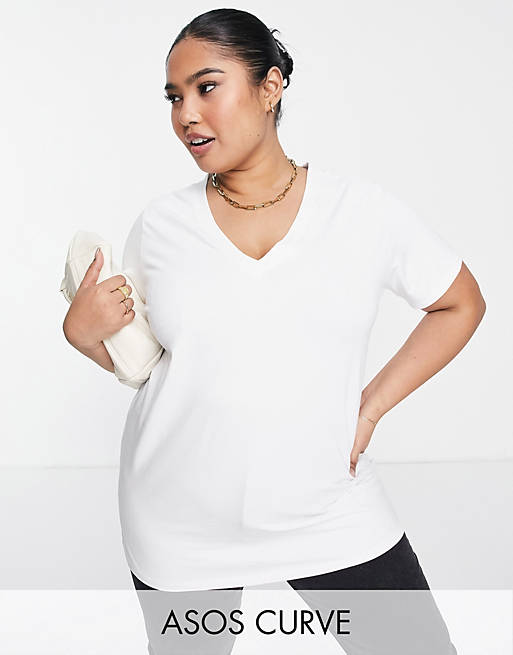 Women Curve Edit luxe handle   column long line t-shirt with v-neck in white 