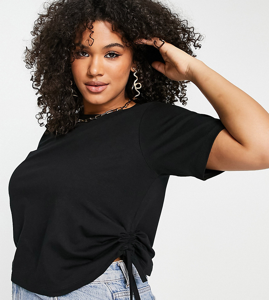 ASOS DESIGN Curve Edit luxe handle cropped t-shirt with ruched side detail in black