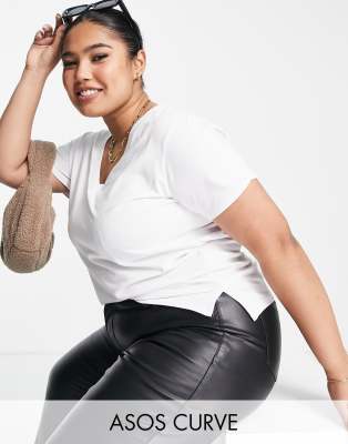 ASOS DESIGN Curve Edit luxe handle  fitted t-shirt with wide  v-neck in white
