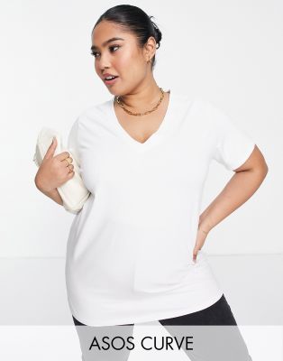 ASOS DESIGN Curve - Edit Luxe - T-shirt taglio lungo bianca con scollo a V