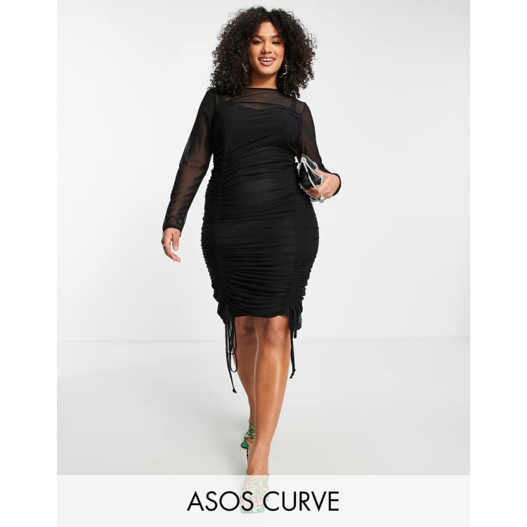 ASOS DESIGN Curve Edit mesh midi dress with ruching with detachable slip in  black