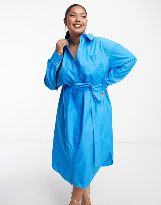 ASOS DESIGN Curve – Edit – Midi-Hemdkleid in leuchtendem Blau mit abnehmbarem Gürtel