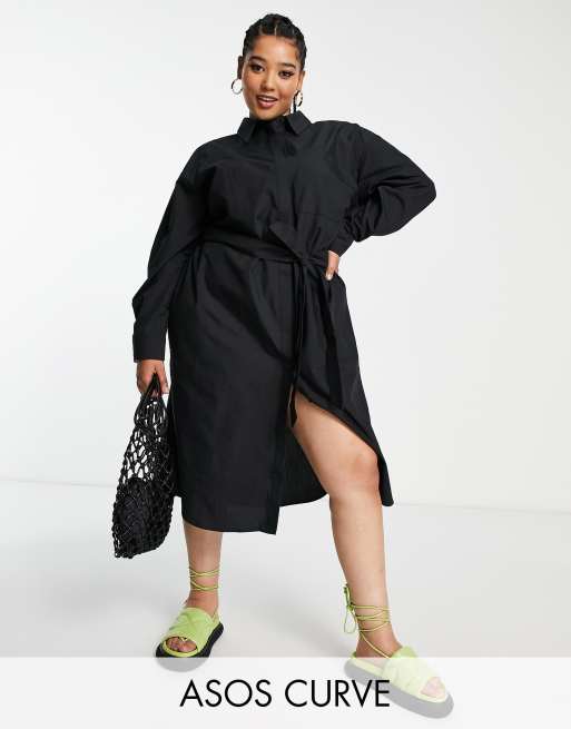 ASOS DESIGN Curve - Edit - Midi overhemdjurk met afneembare riem in zwart