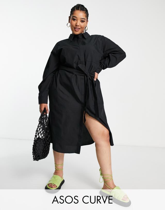 ASOS DESIGN Curve Edit midi shirt dress with detachable belt in black