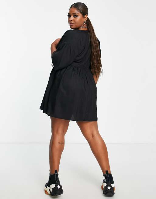 ASOS DESIGN Curve Edit mini smock dress with wrap front and kimono sleeve in black