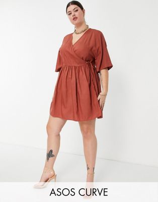 ASOS DESIGN Curve Edit mini smock dress with wrap front and kimono sleeve in rust - ASOS Price Checker