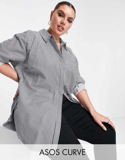 ASOS DESIGN Curve - Edit - Oversized poplin overhemd met lange pasvorm in zwart-witte strepen