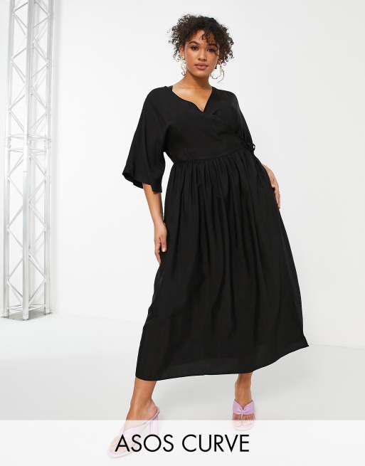 ASOS DESIGN Curve Edit Robe babydoll mi longue avec coupe cache c ur devant et manches kimono Noir ASOS