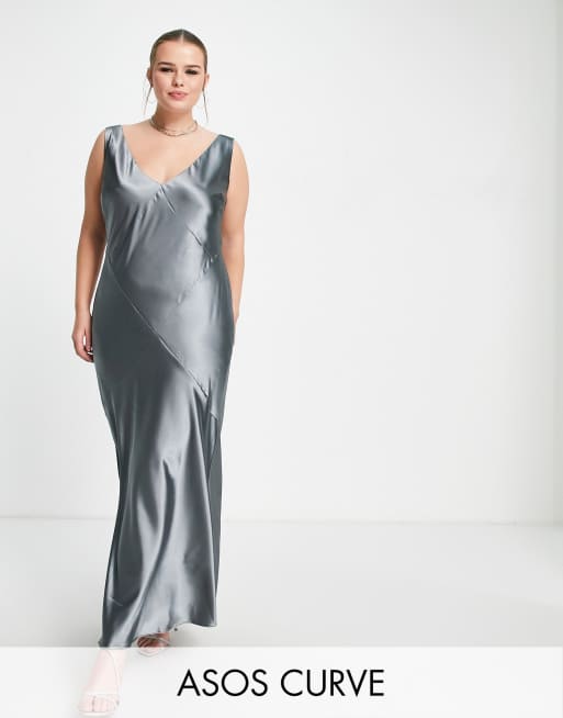 ASOS DESIGN Curve - Edit - Robe nuisette longueur mollet en biais - Gris foncé satiné