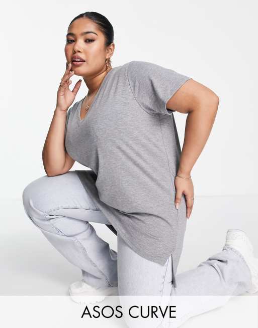 ASOS DESIGN Curve - Edit - T-shirt met lange pasvorm en V-hals in gemêleerd grijs