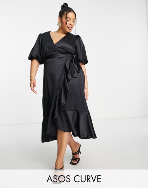 ASOS DESIGN Curve - Edit - Vestito midi in raso nero a portafoglio con maniche a sbuffo