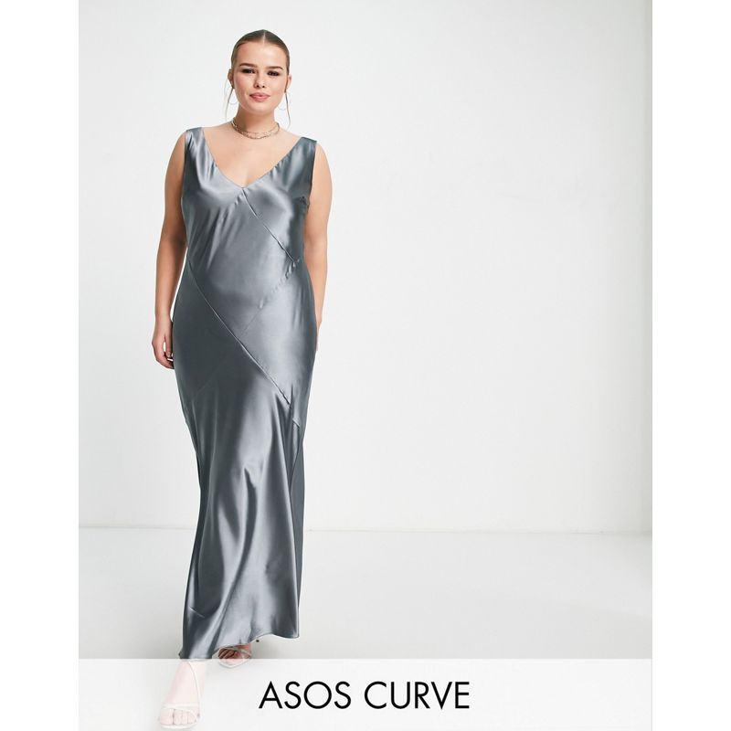 Donna Vestiti da sera DESIGN Curve - Edit - Vestito sottoveste al polpaccio con taglio sbieco in raso grigio scuro