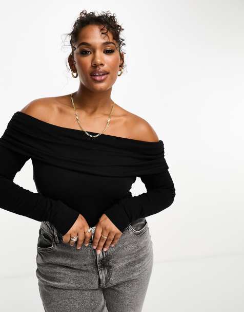 ASOS DESIGN Curve - Effen body van katoenen modal met omgeslagen bardot-halslijn in zwart - view 1