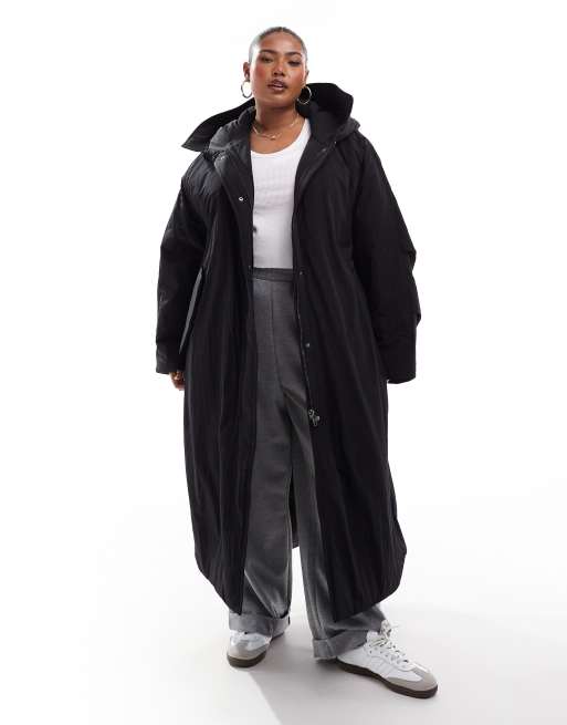 ASOS DESIGN Curve - Effen gewatteerd jack met lange pasvorm en capuchon in zwart