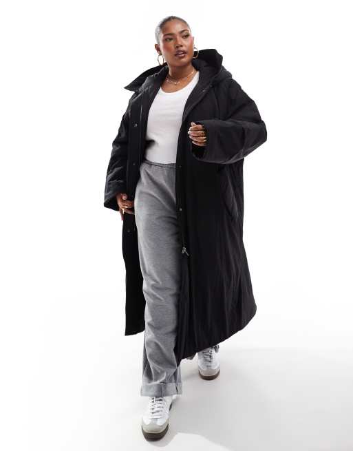 ASOS DESIGN Curve - Effen gewatteerd jack met lange pasvorm en capuchon in zwart, 3 van 4