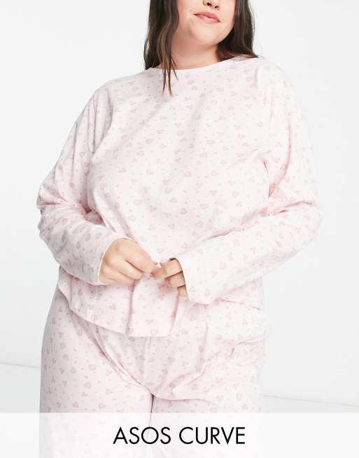 ASOS DESIGN Curve - Eksklusive produkter - Mix og match - Lyserød langærmet pyjamas-T-shirt med små hjerter