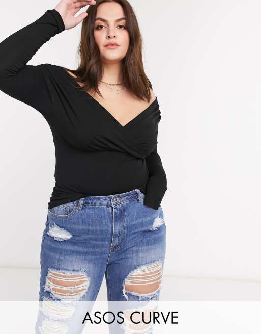 ASOS DESIGN Curve - Eksklusive produkter - Sort slå om-top i bardot-model