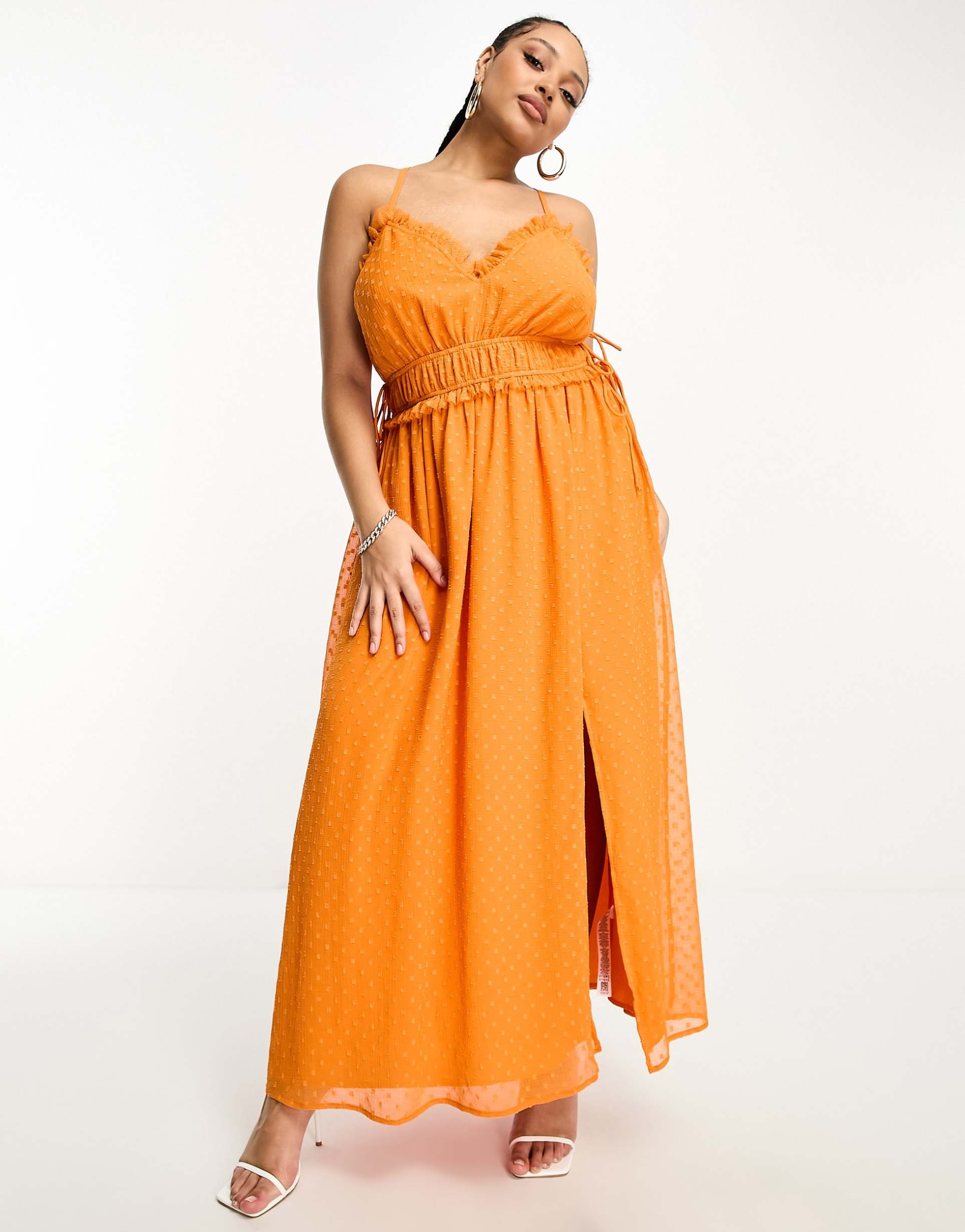 asos design curve elastic frill waist midi slip dress in orange texture