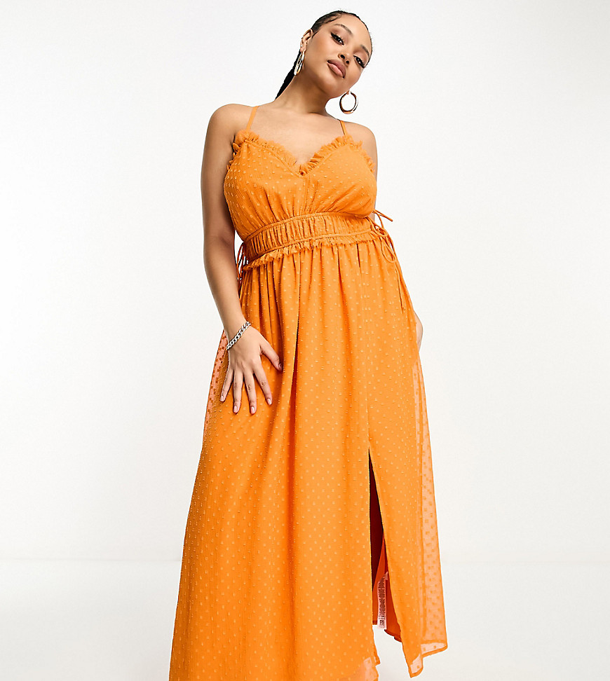 ASOS DESIGN Curve elasticated frill waist midi slip dress in orange dobby