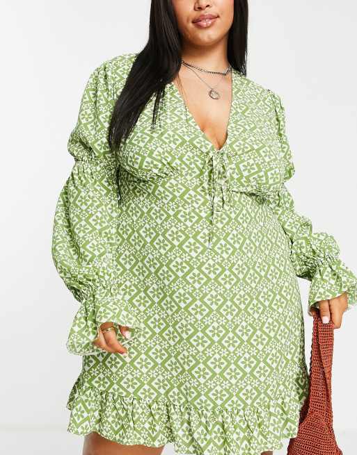 ASOS DESIGN Curve elasticated sleeve tie neck mini dress in green geo floral print, 3 of 4