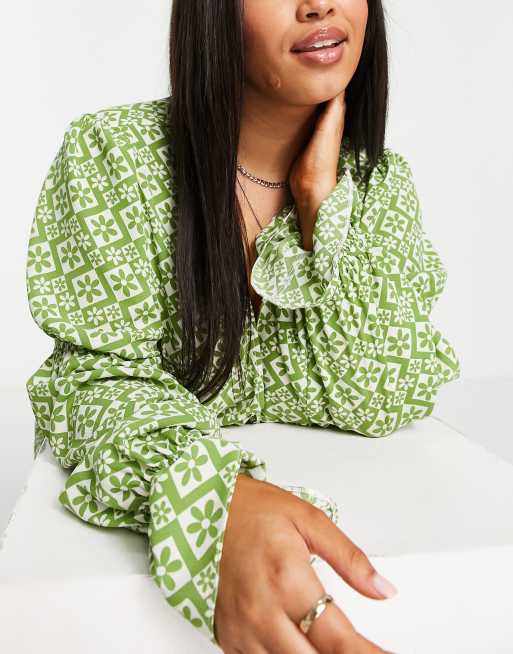 ASOS DESIGN Curve elasticated sleeve tie neck mini dress in green geo floral print, 4 of 4