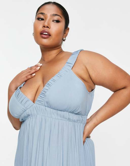 ASOS DESIGN Curve elasticated v back and neck maxi dress in duck egg