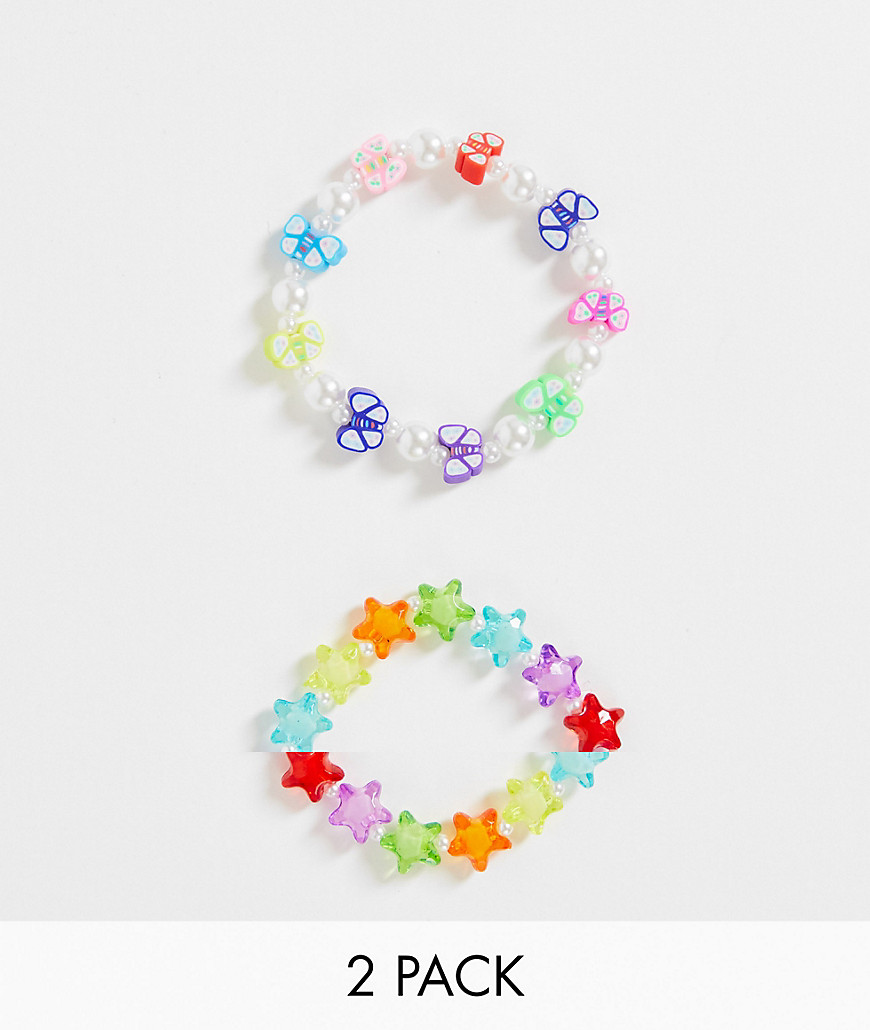 ASOS DESIGN Curve – Elastische Armbänder mit Perlen im Schmetterlings- und Sterndesign im 2er-Pack-Mehrfarbig