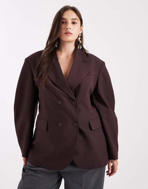 ASOS DESIGN Curve – Elegancka, dwurzędowa marynarka z obszernymi rękawami w kolorze gorzkiej czekolady - view 1
