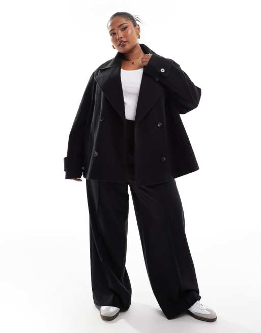 ASOS DESIGN Curve - Elegant og sort peacoat i imiteret uld