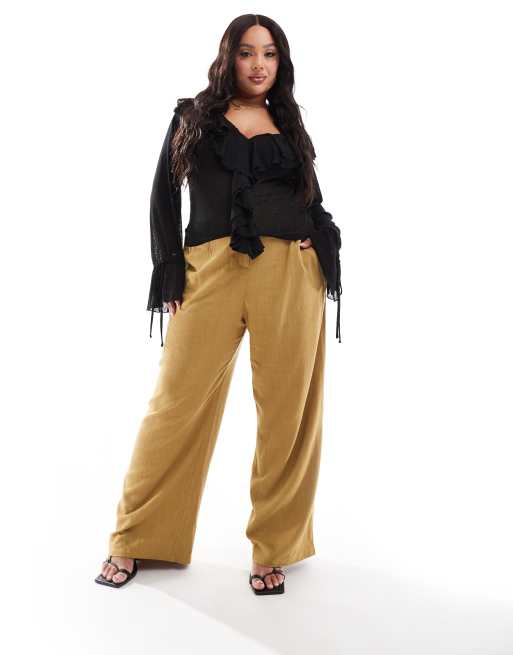 ASOS DESIGN Curve - Elegante broek met linnenlook en wijde pijpen, hoge taille en siernaden in olijfgroen
