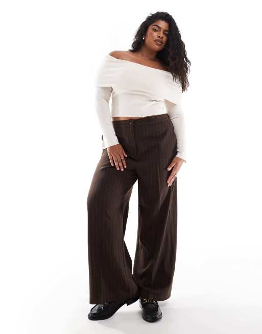 ASOS DESIGN Curve - Elegante dad broek met wijde pijpen in chocoladebruin