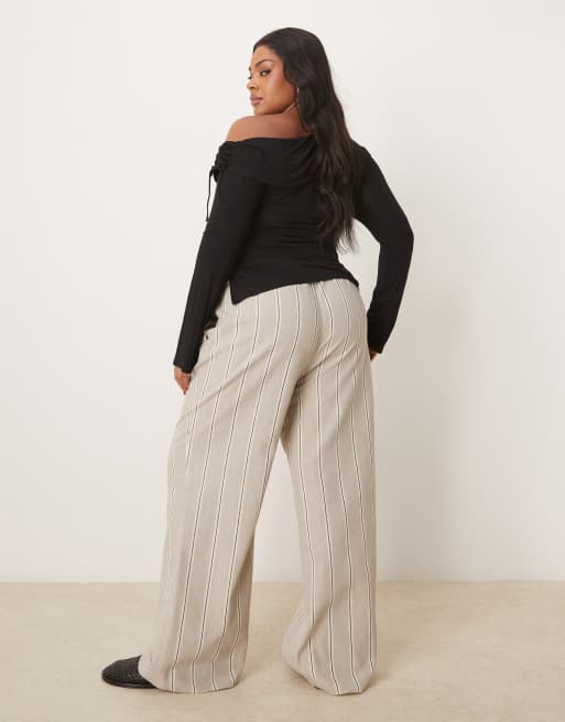 ASOS DESIGN Curve - Elegante gestreepte broek met linnenlook en elastische gestrikte taille in taupe, 2 van 5