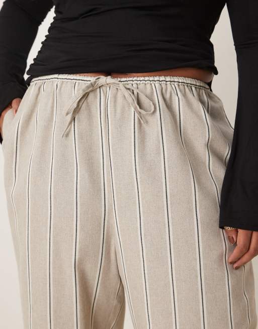 ASOS DESIGN Curve - Elegante gestreepte broek met linnenlook en elastische gestrikte taille in taupe, 3 van 5