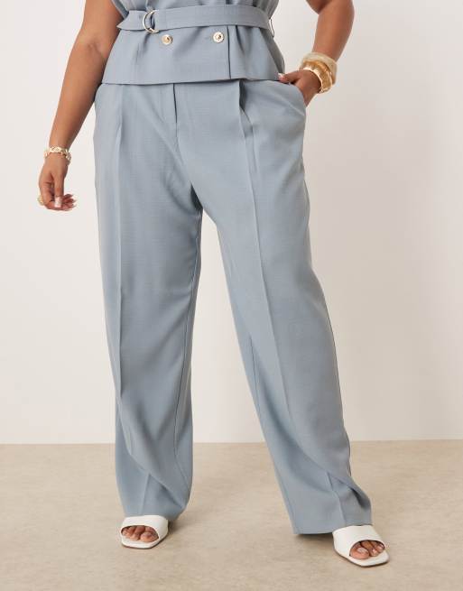 ASOS DESIGN Curve – Elegante Hose in blauer Leinenoptik mit goldfarbenen Knöpfen, Kombiteil, 2 von 5