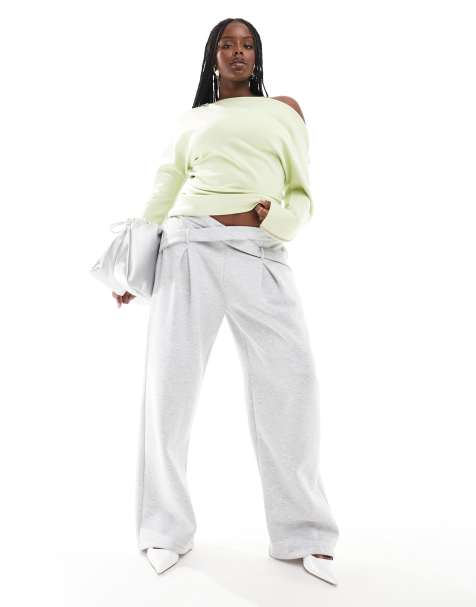 ASOS DESIGN Curve - Elegante joggingbroek met wijde pijpen en gekruist detail in grijs - view 1