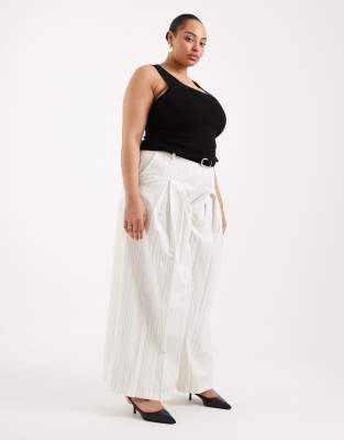 Curve - Elegante Palazzo-Hose in Ecru mit Leinenanteil, Streifen und Gürtel-Weiß Weiß 48