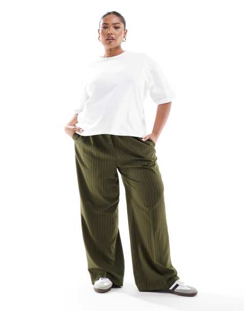 ASOS DESIGN Curve - Elegante pull-on pantalon in olijfgroen gestreept - view 1
