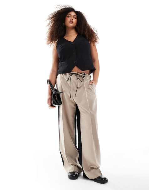 ASOS DESIGN Curve - Elegante ruimvallende broek met gestrikte taille in mokka - view 1