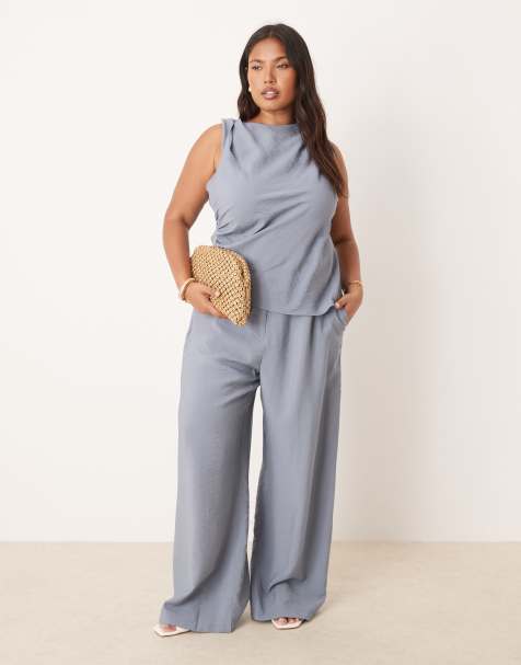 ASOS DESIGN Curve - Elegante ruimvallende broek met rechte pijpen in blauw, deel van co-ord set - view 1