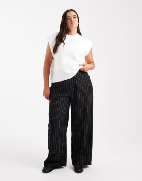 ASOS DESIGN Curve - Elegante ruimvallende broek met rechte pijpen in zwart met krijtstreep - view 1
