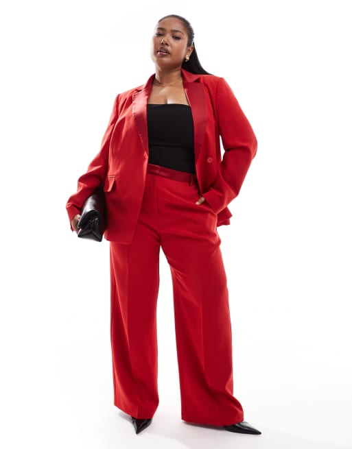 ASOS DESIGN Curve - Elegante smokingpantalon met rechte pijpen in rood, deel van co-ord set