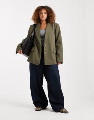 Curve - Eleganter Grandad-Blazer in Khaki-Grün Grün L