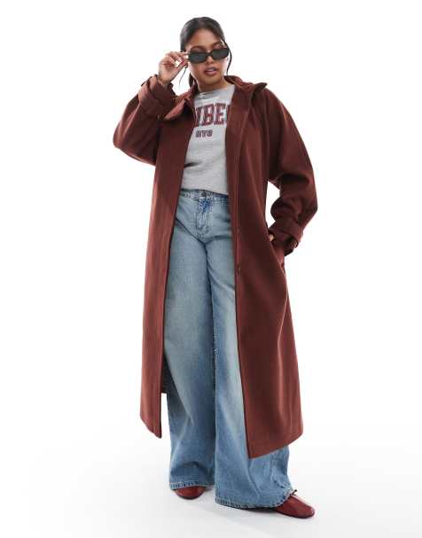 ASOS DESIGN Curve – Eleganter Longline-Trenchcoat in Rostbraun mit Trichterkragen - view 1