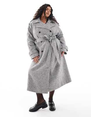 ASOS DESIGN Curve - Eleganter Trenchcoat aus Kunstwolle in Salz und Pfeffer-Schwarz