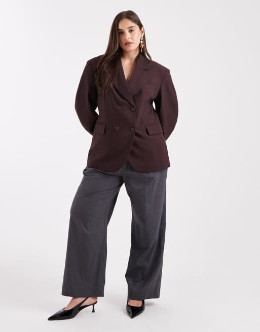 ASOS DESIGN Curve – Eleganter, zweireihiger Blazer in Bitterschokoladenbraun mit Cocoon-Ärmeln, 2 von 4