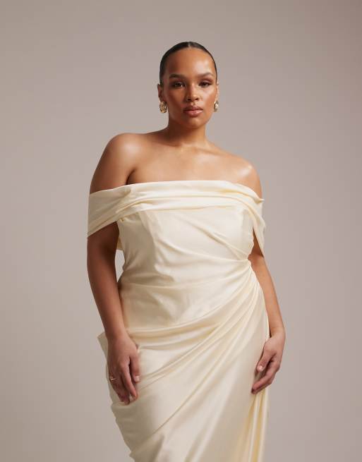 ASOS DESIGN Curve - Elfenbenshvid maxi-brudekjole med bardot-snit, drapering og bindebånd bagpå, 2 af 5