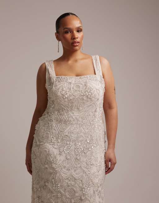 ASOS DESIGN Curve – Elfenbensvit, maxilång bröllopsklänning med fyrkantig ringning och strassutsmyckning, 2 av 5