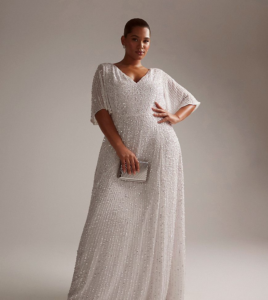 asos design curve eliza flutter sleeve embellished wedding dress - ivory-white