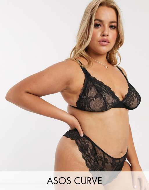 ASOS DESIGN Curve - Eliza - Reggiseno a triangolo in pizzo morbido con apice alto e perizoma nero, 3 di 3